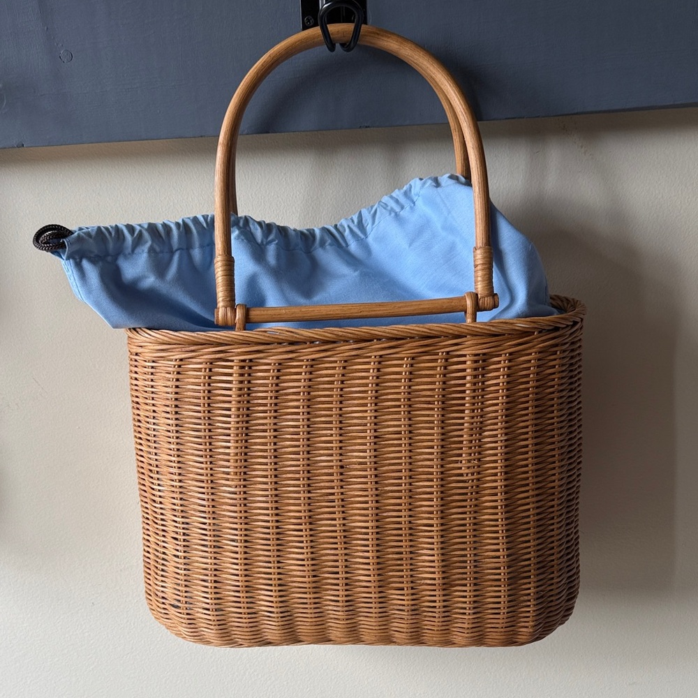 Elegant Tan Woven Tote with Blue Interior